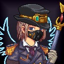 An anime-style illustration of a character wearing a wide-brimmed black hat, a face mask, and a dark uniform, with blue spiky hair accents.