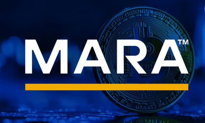 A bold white "MARA™" logo with a yellow underline is overlaid on a blue-tinted background featuring a physical Bitcoin coin, representing Marathon Digital Holdings following its disappointing Q2 2026 earnings miss highlighted in the post.
