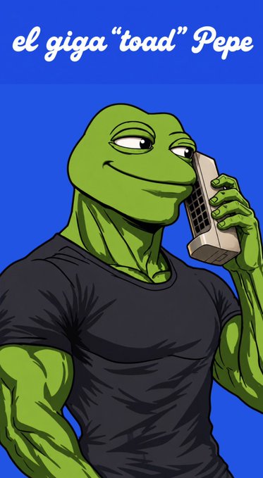 A cartoon illustration of a muscular anthropomorphic green frog with a smug expression, wearing a black t-shirt and holding a beige landline phone receiver, labeled 'el giga "toad" Pepe' on a blue background.