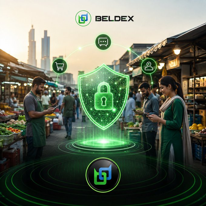 A promotional image for BELDEX featuring a green shield with a lock icon superimposed on a bustling market scene, with people using smartphones.
