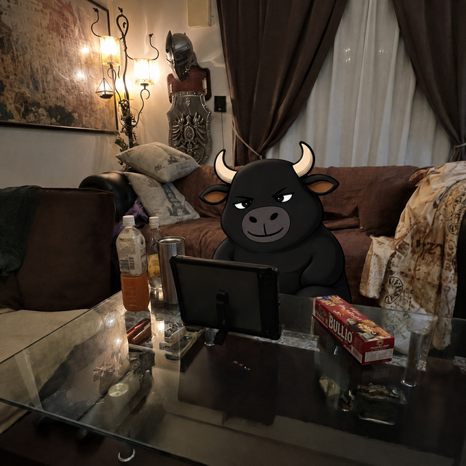 A cartoon bull head sticker has been edited onto a person sitting on a couch behind a glass table with a tablet, bottles, and a box of 'BULLIO' cookies in a dimly lit living room.