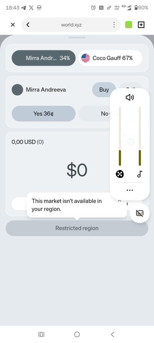 A mobile screenshot of the world.xyz app showing a Mirra Andreeva prediction market at 34% (Yes 36¢, No 64¢) and Coco Gauff at 67%, with a notification reading 'This market isn't available in your region' and 'Restricted region' displayed.