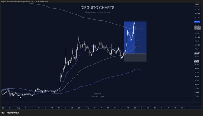 A TradingView chart of $SOL/USDT on Dieguito Charts shows a strong bullish breakout to $114.72, with a highlighted short-term trade setup capturing the move from the 0.618 Fibonacci retracement level (~103.61) up through resistance near $110, visually confirming the post's claim of a clean ~$120 profit on the trade.