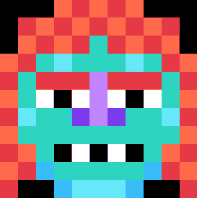 A pixel art illustration of a turquoise monster face with a purple nose, wide white eyes, and exposed teeth, framed by a red and orange border.
