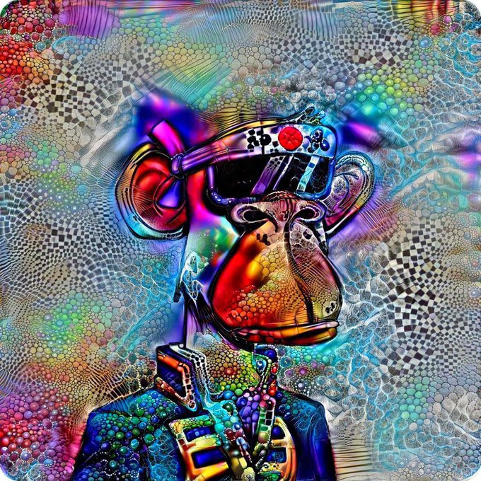 A vibrantly psychedelic digital portrait of a cartoon ape wearing VR-style sunglasses and a beaded necklace with the letters "DA" (Dream Ape), set against a kaleidoscopic mosaic background of swirling patterns and rainbow hues—visually embodying the surreal, hype-driven atmosphere of the May 2021 NFT gold rush era.