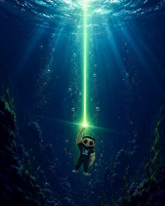 A digital artwork depicts a skeletal figure submerged underwater, holding up a hand that emits a bright green beam of light toward the surface.