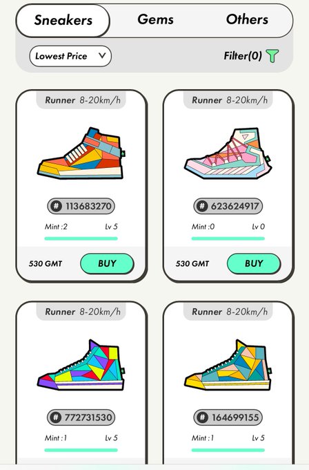 The image shows a cell phone screen displaying different colored high-heeled sneakers, each with varying prices ranging from $20 to $500. The user has options to buy multiple pairs at once or browse through individual shoes. Based on this information, one can infer that there might be an online marketplace or e-commerce platform for selling and buying high-end footwear.