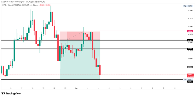 A 4-hour candlestick chart of the KAITO/USDT perpetual contract on Binance shows price dropping sharply from highs near 1.3585 down through key support levels at 1.1637 and 1.1300, with a highlighted trade zone (shaded in green/red) between approximately 1.05 and 1.25 that was hit before a stop-loss triggered at 0.9613 around August 3, 2024—aligning with the post's mention of a stop-loss being hunted after the planned dump.