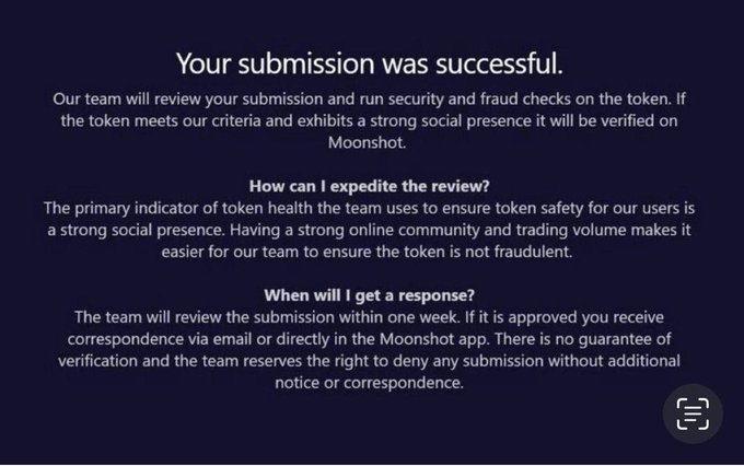 A Moonshot submission confirmation screen indicating that "$MEPO" has been successfully submitted for verification, with a one-week review window and instructions emphasizing that a strong social presence and trading volume help expedite approval—aligning with the poster's claim of having insider approval and encouraging immediate buying of the token.