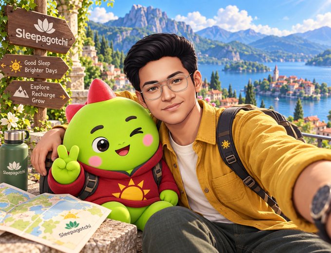 A promotional image for 'Sleepagotchi' featuring a young man taking a selfie with a green cartoon mascot character, with wooden signs reading 'Good Sleep Brighter Days' and 'Explore Recharge Grow' against a scenic lake and mountain backdrop.