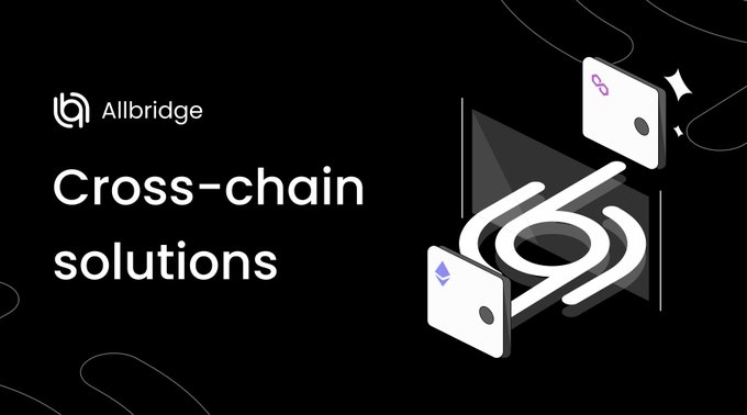 Black promotional banner for Allbridge advertising 'Cross-chain solutions' with their logo and stylized illustrations of card icons.