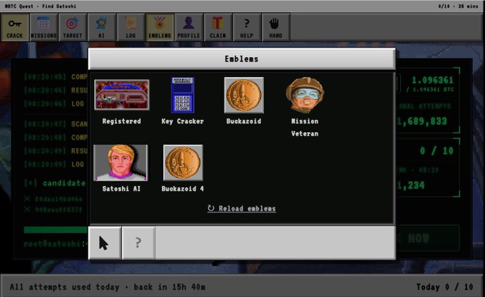 A computer interface titled 'BBC Quest - Find Satoshi' displaying an 'Emblems' window with icons for 'Registered', 'Key Croaker', 'Buckazoid', 'Mission Veteran', 'Satoshi AI', and 'Buckazoid 4'.