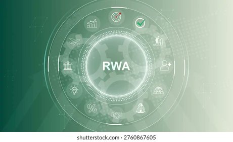 A digital graphic with a green gradient background displaying the text 'RWA' inside a circular interface surrounded by icons related to finance, law, and industry.