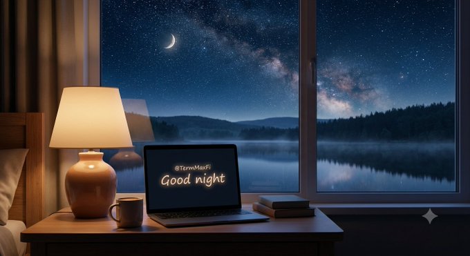A cozy nighttime scene showing a laptop displaying 'Good night' on a desk beside a lamp, with a large window revealing a starry night sky and crescent moon over a lake.