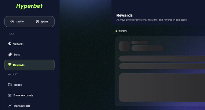 A dark-themed user interface for a platform called 'Hyperbet', showing a sidebar with navigation options like 'Casino', 'Sports', 'Rewards', and 'Wallet', with the 'Rewards' tab selected to display tier information on the right.