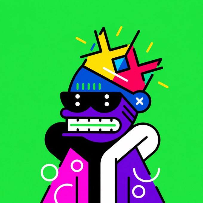 A vibrant, abstract cartoon character features a purple and pink body, black sunglasses, and a colorful crown, set against a bright green background.