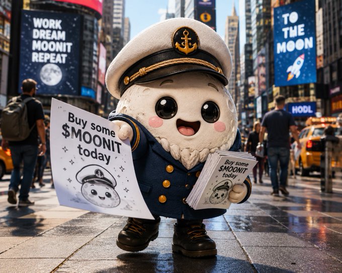 An AI-generated or illustrated scene of a cute cartoon character in a sailor uniform handing out flyers that read 'Buy some $MOONIT today' on a city street with billboards displaying 'WORK DREAM MOONIT REPEAT' and 'TO THE MOON'.