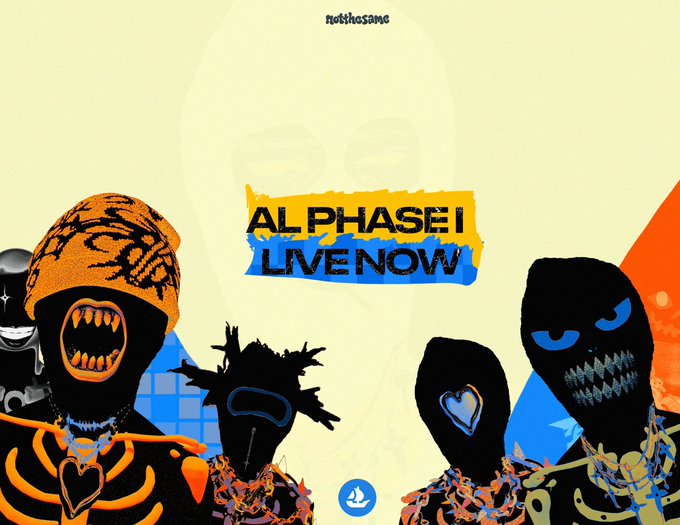 A digital illustration with the text "notthesame" at the top, "ALPHASEI LIVE NOW" in the center, and "AL" in the background, featuring dark, monstrous figures with glowing orange and blue accents.