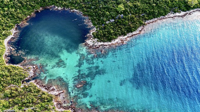 An aerial view of a stunning coastline where vibrant turquoise waters meet rocky shores covered in dense green forest.