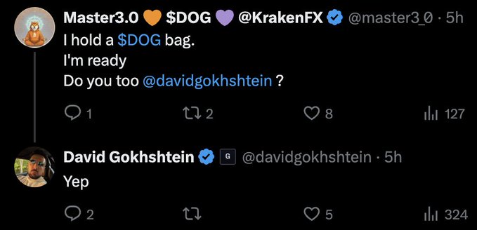 A Twitter exchange between @master3_0 and @davidgokhshtein where Master3.0 offers to hold a $DOG bag, to which David Gokhshtein replies 'Yep'.