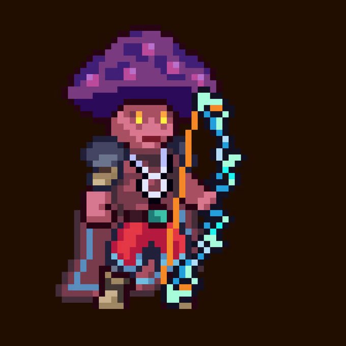 Pixel art sprite of a fantasy character wearing a purple mushroom-like hat and holding a glowing blue staff.