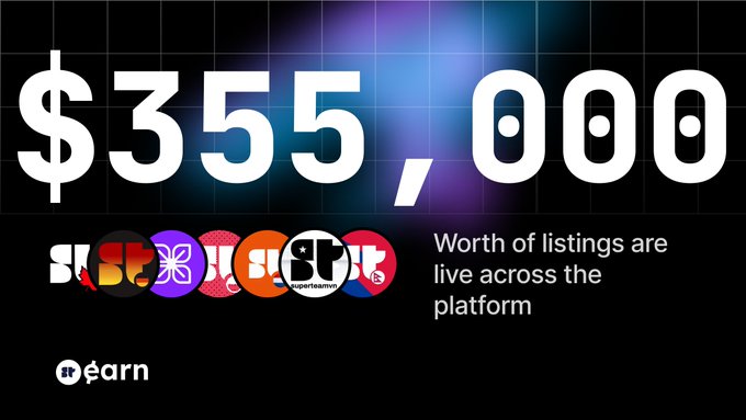 The image displays "$355,000 worth of listings are live across the platform," featuring logos of various projects like Sushi, SuperTeam, and others, highlighting the significant total value of bounties and opportunities available on Earn for creators, writers, researchers, and developers.