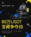 A dark promotional graphic with Chinese text '80万USDT宝藏争夺战' (800,000 USDT treasure hunt), featuring a hooded character and cryptocurrency exchange branding.