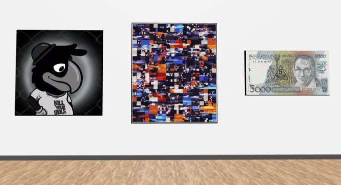 Three artworks hang on a gallery wall: a black-and-white cartoon duck wearing a cap and a "Kill Your idols" shirt, a vibrant abstract mosaic of red, blue, and black squares, and what appears to be a 5000 Francs banknote featuring the inscription "Banque des Etats de l'Afrique Centrale," all displayed as part of the "Art on BTC in the OrdiGallery" exhibition.