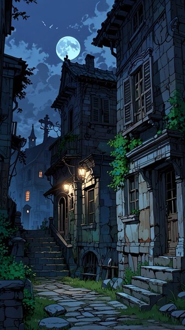 A stylized illustration of a moonlit European alleyway with cobblestone steps, old stone buildings, glowing street lamps, and a church spire in the distance.