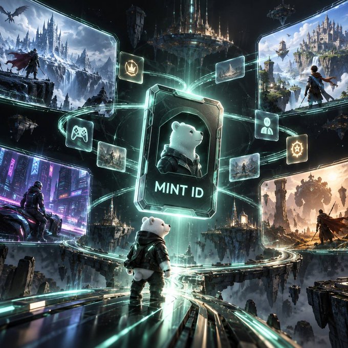 A digital artwork depicting a small bear-like figure viewing a floating holographic 'MINT ID' card surrounded by floating fantasy gaming screens.