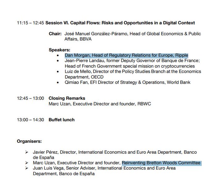 A conference agenda document outlines Session VI 'Capital Flows: Risks and Opportunities in a Digital Context' chaired by José Manuel González-Páramo (BBVA), featuring speakers including Dan Morgan (Ripple), Jean-Pierre Landau (former Banque de France Deputy Governor), Luiz de Mello (OECD), and Qirniao Fan (World Bank), followed by closing remarks and a buffet lunch.