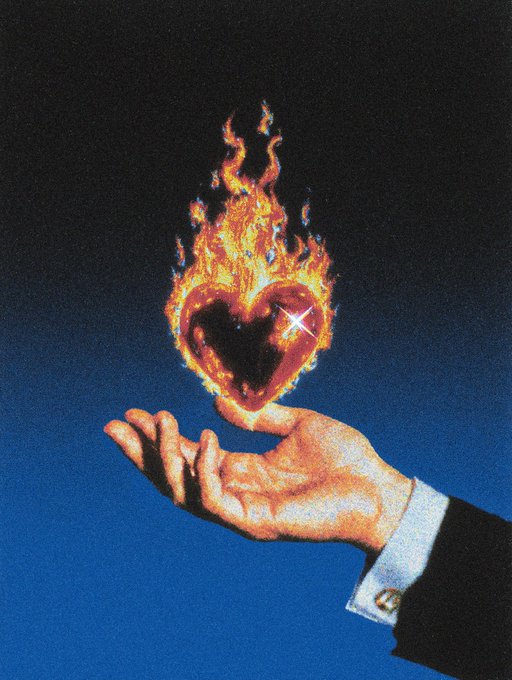 A hand emerging from a suit sleeve holds a flaming, melting heart against a deep blue background, featuring a retro grainy aesthetic.