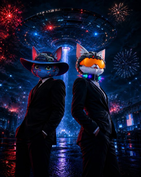 Two anthropomorphic cat characters wearing black suits - one blue cat in a wide-brimmed hat and one white/orange cat with goggles - standing under a UFO with fireworks in the background.