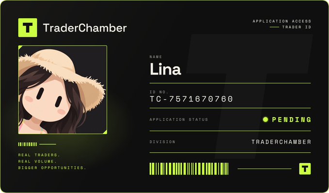 A digital "TraderChamber" application access card for user "Lina" with Trader ID "TC-7571670760," showing a pending application status within the TraderChamber division and featuring the tagline "Real Traders. Real Volume. Bigger Opportunities." The card visually represents the user's application to join the TraderChamber platform as referenced in the accompanying post.