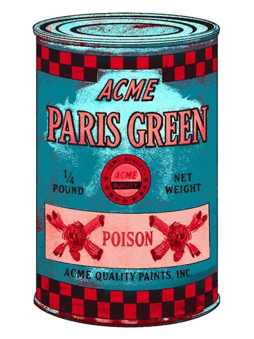 A retro-style digital illustration of a teal and red "ACME PARIS GREEN" ¼ pound poison can, featuring skull and crossbones imagery and the text "ACME QUALITY PAINTS, INC.," matching the "Paris Green Cans" NFT collection minted by @COMPUTERBLOOD and @DimmadomeCrypto.