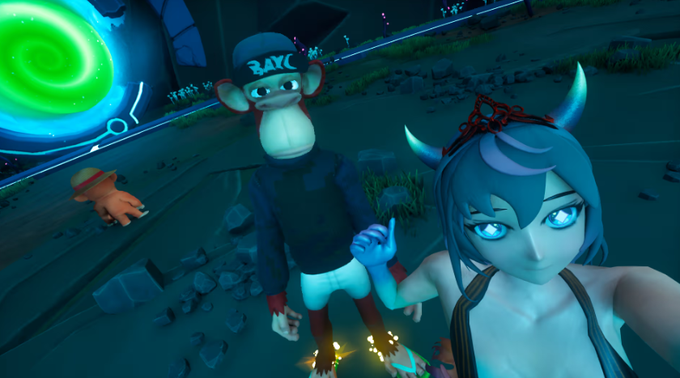 Two cartoon characters stand in a glowing virtual environment with a portal-like structure, one wearing a 'RAYC' cap and the other a horned headband.