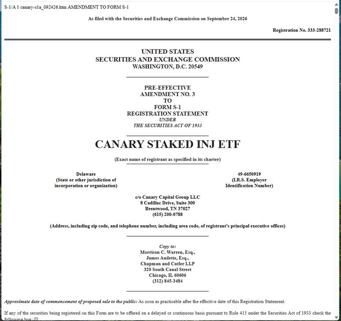 A screenshot of an SEC filing for the 'CANARY STAKED INJ ETF', a Pre-Effective Amendment No. 3 to Form S-1 Registration Statement filed by Canary Capital Group LLC.