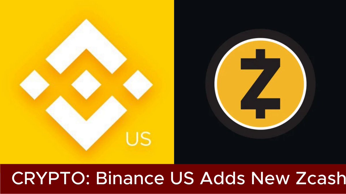 The image features two distinct symbols, with one being a yellow triangle and the other representing a white circle with black text that reads " Crypt!" followed by a line of white text indicating they are related to " Binance US Adds New Zcash".