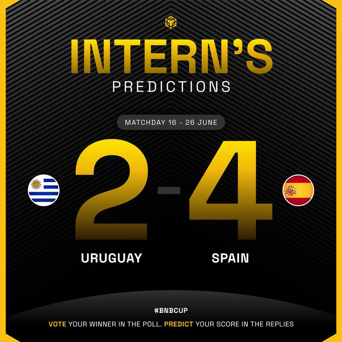 The image is a "Matchday 16 - 26 June" prediction graphic for the #BNBCup, displaying the intern's bold call of a 4-2 Spain victory over Uruguay, complete with both nations' flags and gold text on a black striped background. This visually reinforces the post's call to action, encouraging fans to vote and predict their own scorelines for Match 7.