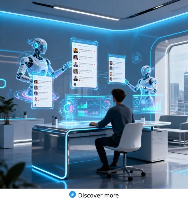 A futuristic sci-fi style illustration of a man working at a desk with holographic screens and AI robots in a high-tech room, featuring a 'Discover more' link button at the bottom.