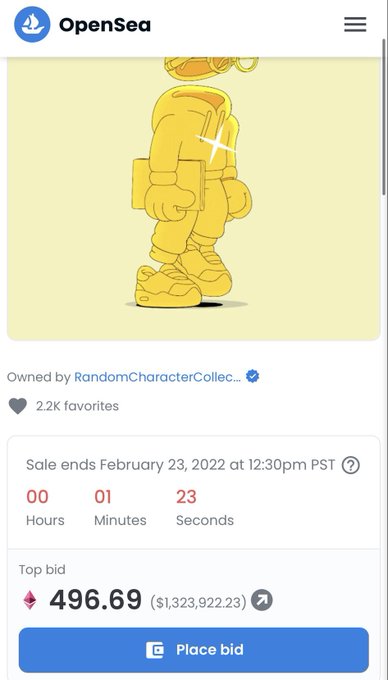 A screenshot of an OpenSea auction page for a golden Invisible Friends NFT character, showing a top bid of 496.69 ETH ($1,323,922.23) with 2.2K favorites and the sale ending February 23, 2022. The image illustrates the post's question about whether to take a life-changing offer of 496 ETH for the character or hold out for more.