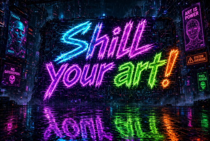 A vibrant cyberpunk-style image displays the neon graffiti text "SHILL YOUR ART!" in glowing blue, pink, and green, surrounded by cityscape billboards reading "ART IS POWER," "SYSTEM OVERRIDE," "PIXEL REBELS," "NO GATEKEEPERS," and "CREATE/DEF," visually amplifying the post's call for artists to showcase their work for purchasing with Solana, ETH, and USDC.