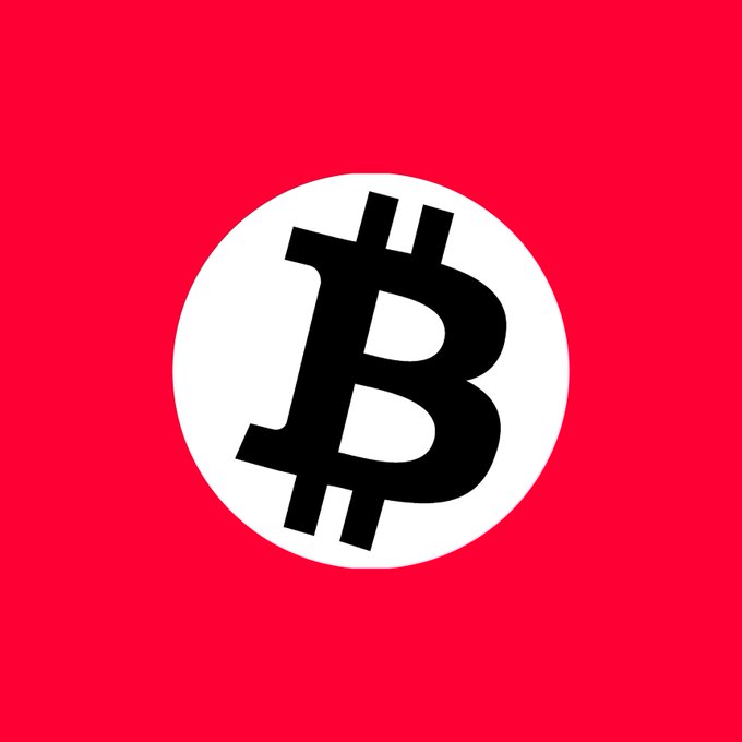 The image features a bold Bitcoin (₿) logo—a black "B" with two vertical strokes through it—set against a white circle on a vibrant red background, visually emphasizing Bitcoin's iconic branding. This ties directly to the post's reflection on BTC's price 10 years ago at $608, using the unmistakable symbol of Bitcoin to underscore the dramatic growth narrative of "NGU" (Number Go Up) over the past decade.