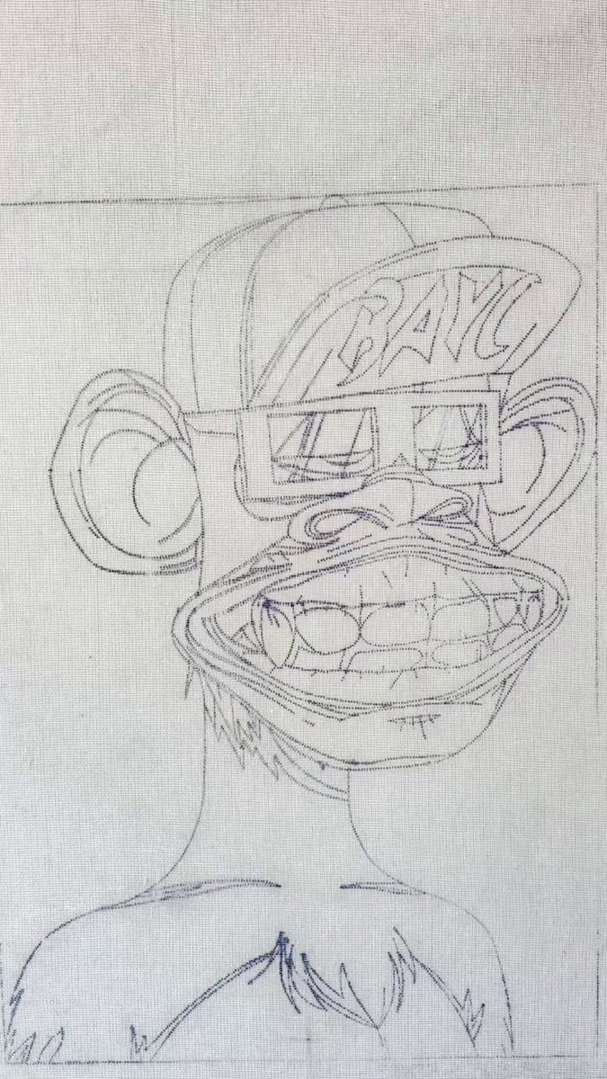 The image features a cartoon drawing of an anthropomorphized monkey wearing glasses, with its mouth open wide as if speaking or laughing. The monkey appears to be wearing a hat that says "BANG" on it. The drawing is done in black and white, giving it a classic and timeless feel. The post includes text that reads: "GM!! We have been working on this !!! Collectors collect." This suggests that the image might be related to an art project or a creative endeavor involving the monkey character from the drawing.