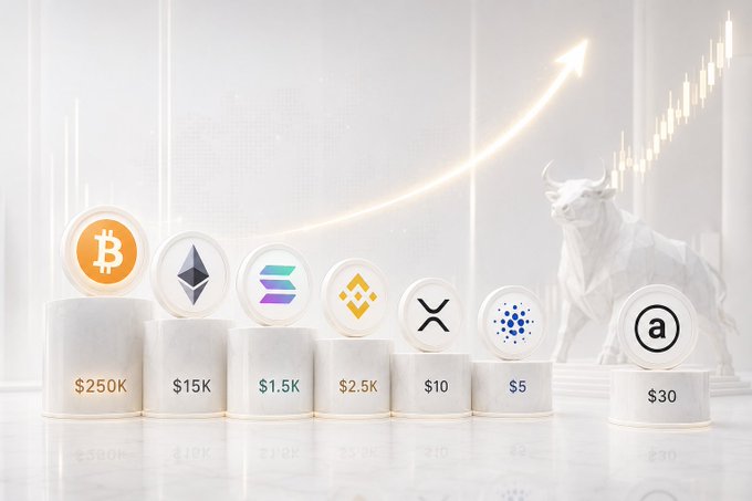 3D rendering of cryptocurrency coins including Bitcoin ($250K), Ethereum ($15K), Solana ($1.5K), BNB ($2.5K), XRP ($10), Cardano ($5), and ADA ($30) displayed on pedestals with a bull statue and upward chart arrow in the background.