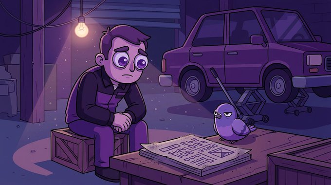 A digital illustration of a sad cartoon man in mechanic's overalls sitting on a crate next to a purple pigeon reading a newspaper in a garage setting with a car on a lift.