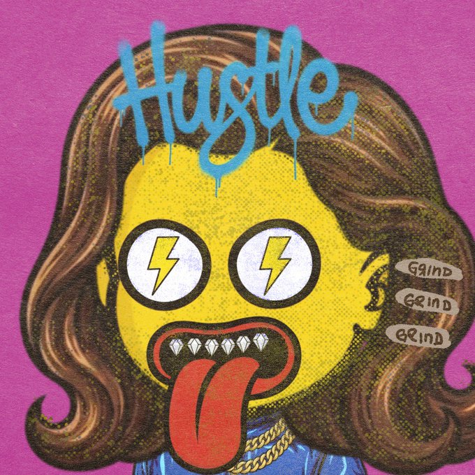 A stylized cartoon illustration of a yellow-skinned character with wide eyes containing lightning bolts, a protruding tongue, and graffiti-style text reading 'Hustle' above and 'GRIND GRIND GRIND' beside the face against a magenta background.