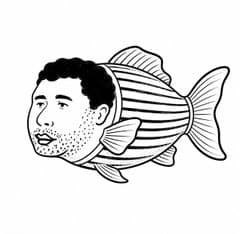 A black and white line drawing illustration depicting a humorous hybrid creature with a human face merged onto the body of a striped fish.