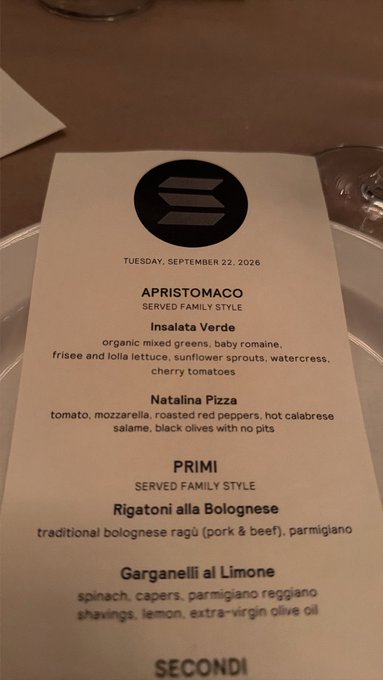 A restaurant menu dated Tuesday, September 22, 2026, listing sections including Antipasti (Insalata Verde, Natalina Pizza), Primi (Rigatoni alla Bolognese, Garganelli al Limone), and Secondi.