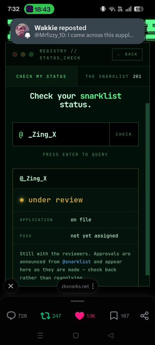 A smartphone screenshot of a reposted tweet by @MrIizzy_10 showing a terminal-style 'REGISTRY // STATUS_CHECK' page for 'THE SNARKLIST 201', with the status of @_Zing_X marked as 'under review' and 'not yet assigned', displayed via zksnarks.net.